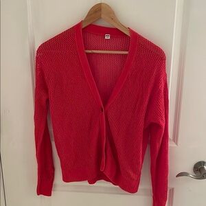 Red mesh v neck cardigan uniqlo